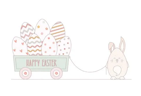 Cute easter bunny hunts eggs. Vector illustration with rabbit for card, banner. Stock Illustration