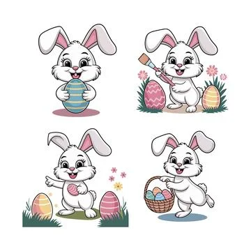 Cute Easter Bunny Illustrations Holding and Painting Eggs Stock Illustration