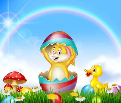 Cute Easter bunny inside cracked egg with nature background Stock Illustration