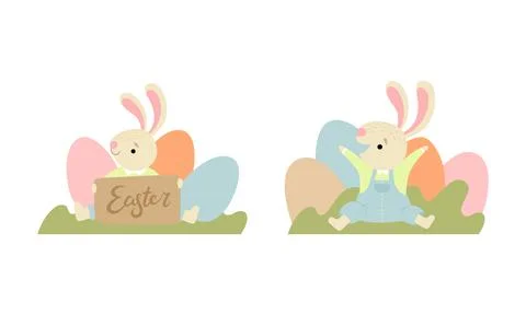 Cute Easter Bunny with Long Ears Sitting Among Egg Vector Set Illustrazione stock