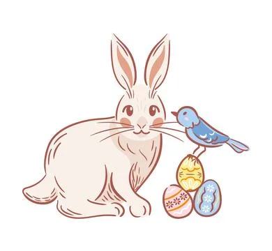 A cute Easter bunny near decorated eggs, accompanied by a cheerful little b.. Stock Illustration