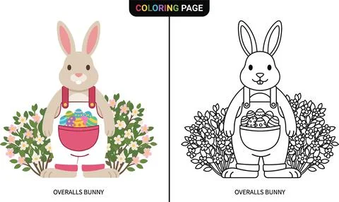 Cute Easter Bunny in Overalls with Easter Eggs Coloring Page. Stock Illustration