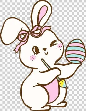 Cute Easter Bunny Paint Egg Cartoon Hand Drawn Stock Illustration