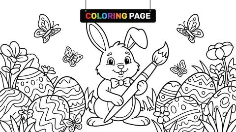 Cute Easter Bunny with Paintbrush and Decorated Eggs Coloring Page. Stock Illustration