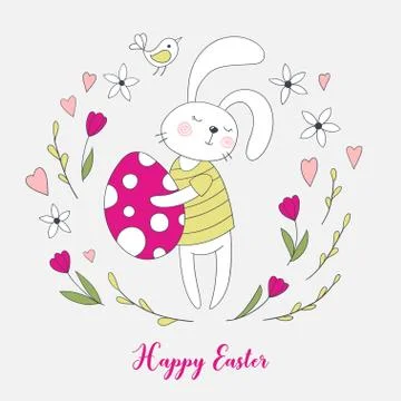 Cute Easter bunny with a painted egg. Stock Illustration