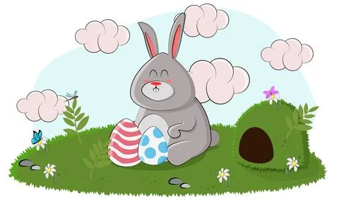 Cute easter bunny paints eggs for the holiday Stock Illustration