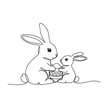 Cute Easter Bunny Parent and Baby Sharing Decorated Egg Line Art Vector Stock Illustration