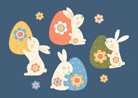 Cute Easter Bunny with Paschal Floral Egg. Adorable Spring Holiday. Isolate.. Stock Illustration