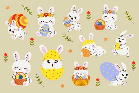 Cute Easter Bunny Pattern with Eggs and Flower Crowns Stock Illustration