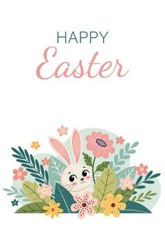 Cute Easter Bunny Peeking Through Spring Flowers Vector Greeting Card. Vect.. Stock Illustration
