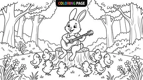 Cute Easter Bunny Playing Guitar for Baby Chicks in a Forest Coloring Page. 스톡 일러스트