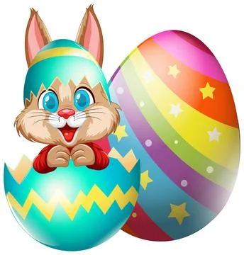 Cute Easter Bunny Popping Out of a Colorful Cracked Eggshell Stock Illustration