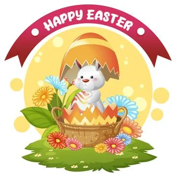 Cute Easter Bunny Popping Out of a Decorated Egg in Basket Stock Illustration