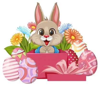 Cute Easter Bunny Popping Out of a Pink Gift Box with Flowers Illustrazione stock