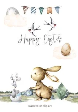 Cute easter bunny, rabbit an easter egg. Hand painting isolated illustration  Stock Illustration