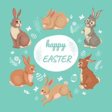 Cute easter bunny rabbit. Happy spring card with jumping and standing animals Stock Illustration