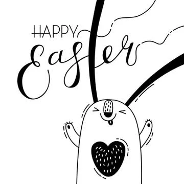 Cute easter bunny rabbit hare. Greeting card with Happy Easter writing. Vector Stock Illustration