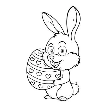 Cute Easter Bunny Rabbit Holding Giant Egg Outline Stock Illustration