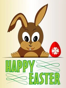 Cute Easter bunny with red egg, cartoon on old beige paper, green title happy Stock Illustration