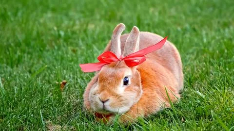 Cute Easter bunny. Red rabbit wearing a red ribbon bow on its head, looking at Stock Photos