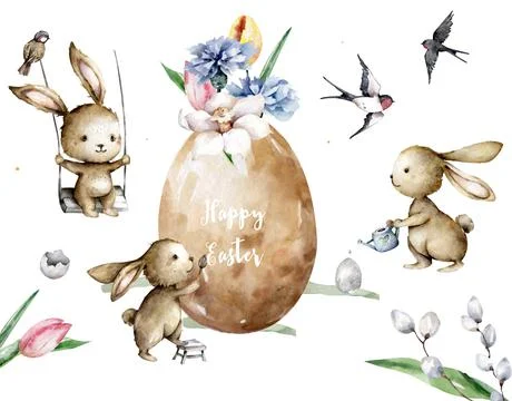Cute easter bunny, set of rabbit painting an easter egg. Hand painting isolat Stock Illustration