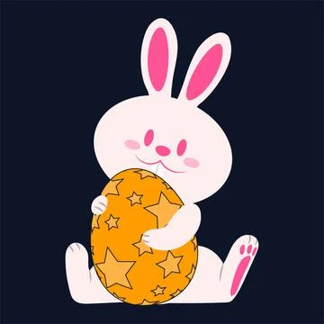 Cute Easter bunny setting and holding egg, Easter illustration. Happy Easter. Stock Illustration
