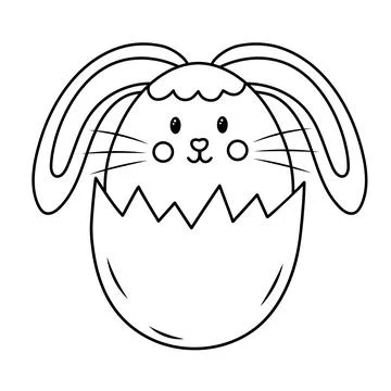 Cute Easter bunny sits in egg. Doodle chubby rabbit. Vector linear illustra.. Illustrazione stock