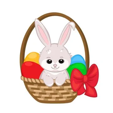 Cute Easter bunny sitting in a basket with Easter eggs vector clipart 스톡 일러스트