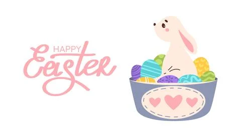 Cute Easter bunny sitting in basket with eggs. Vector flat illustration. Poster Stockillustratie