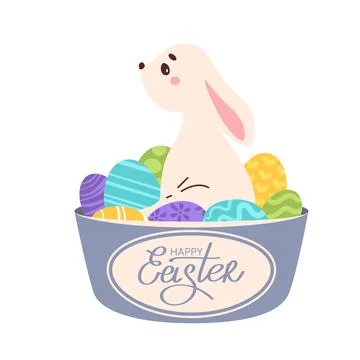 Cute Easter bunny sitting in basket with eggs. Vector flat illustration. Stock Illustration