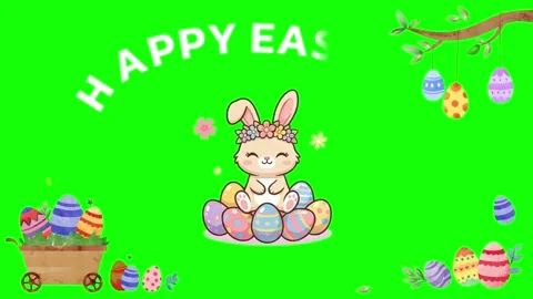 Cute Easter bunny sitting on decorated eggs with floral wreath on green screen Stock Footage 343908579