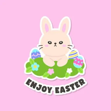 Cute Easter Bunny Sitting in Grass with Painted Eggs and Enjoy Easter Text Illustrazione stock