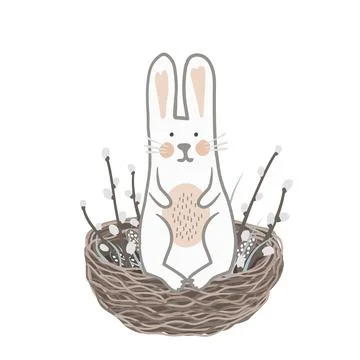 Cute Easter bunny sitting in a nest decorated with pussy willow branches. Vector Stock Illustration