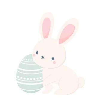 Cute Easter bunny sitting next to big Easter egg Illustrazione stock