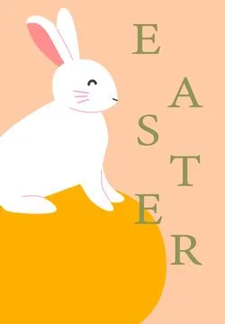Cute easter bunny sitting on orange egg with pastel background Stock Illustration