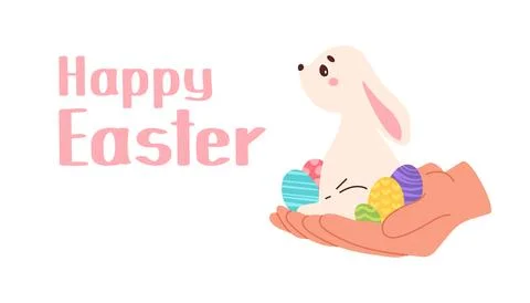 Cute Easter bunny sitting in person arms. Poster with inscription. Vector flat Stockillustratie