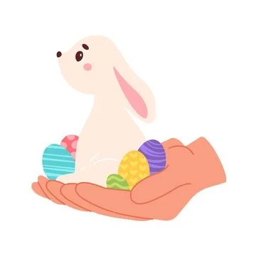 Cute Easter bunny sitting in person arms. Vector flat illustration. Illustrazione stock