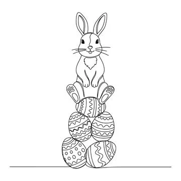 Cute Easter Bunny Sitting on Stacked Decorated Eggs Stock Illustration