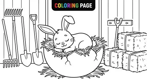 Cute Easter Bunny Sleeping in a Giant Egg Coloring Page. Illustrazione stock