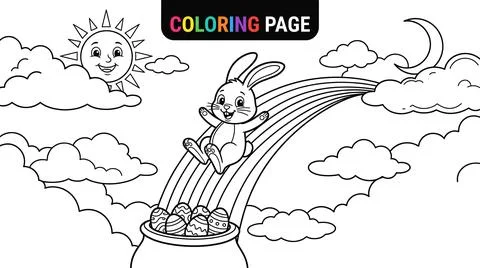 Cute Easter Bunny Sliding Down Rainbow into Pot of Eggs Coloring Page. Stock Illustration
