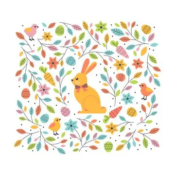 Cute Easter Bunny in Spring Flowers Pattern Decor Stock Illustration