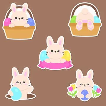 Cute Easter Bunny Sticker Set with Baskets and Colorful Eggs in Playful Car.. Stock Illustration