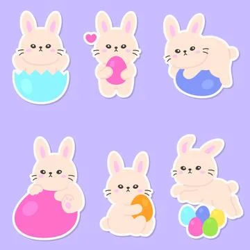 Cute Easter Bunny Stickers with Festive Eggs and Sweet Expressions Stock-Illustration