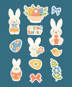 Cute Easter bunny stickers. Isolated spring rabbit animal, paschal decorati.. Stock Illustration