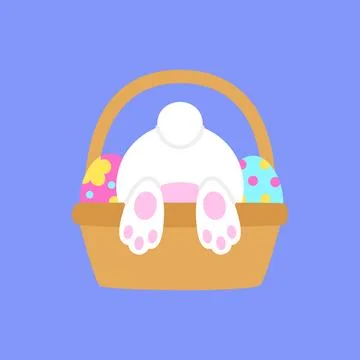 Cute Easter Bunny Stuck in Basket with Paws Up and Colorful Eggs Stock Illustration