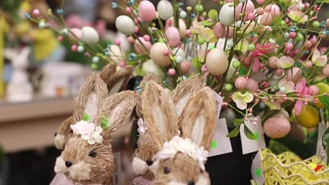 Cute Easter Bunny Toys in Pastel Colors at Home Decor Store Sale. Gift for Happy Stock Footage 274038799