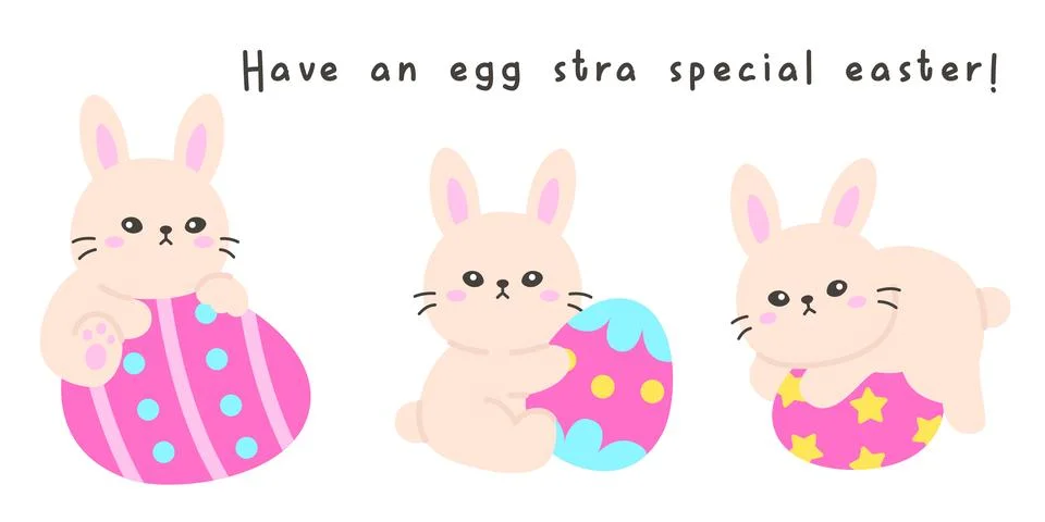 Cute Easter Bunny Trio with Large Decorated Eggs and Fun Message on a White.. Stock Illustration