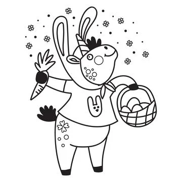 Cute Easter bunny unicorn with a carrot coloring vector illustration Иллюстрация