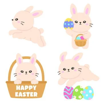 Cute Easter Bunny in Various Poses with Basket and Painted Eggs on White Ba.. Stock Illustration