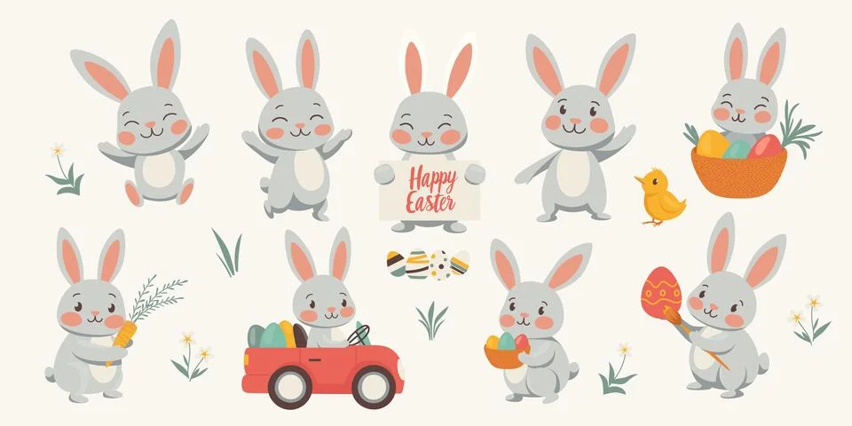 Cute Easter Bunny Vector Set, Rabbits Holding Eggs, Driving a Car, Playing With Stock Illustration